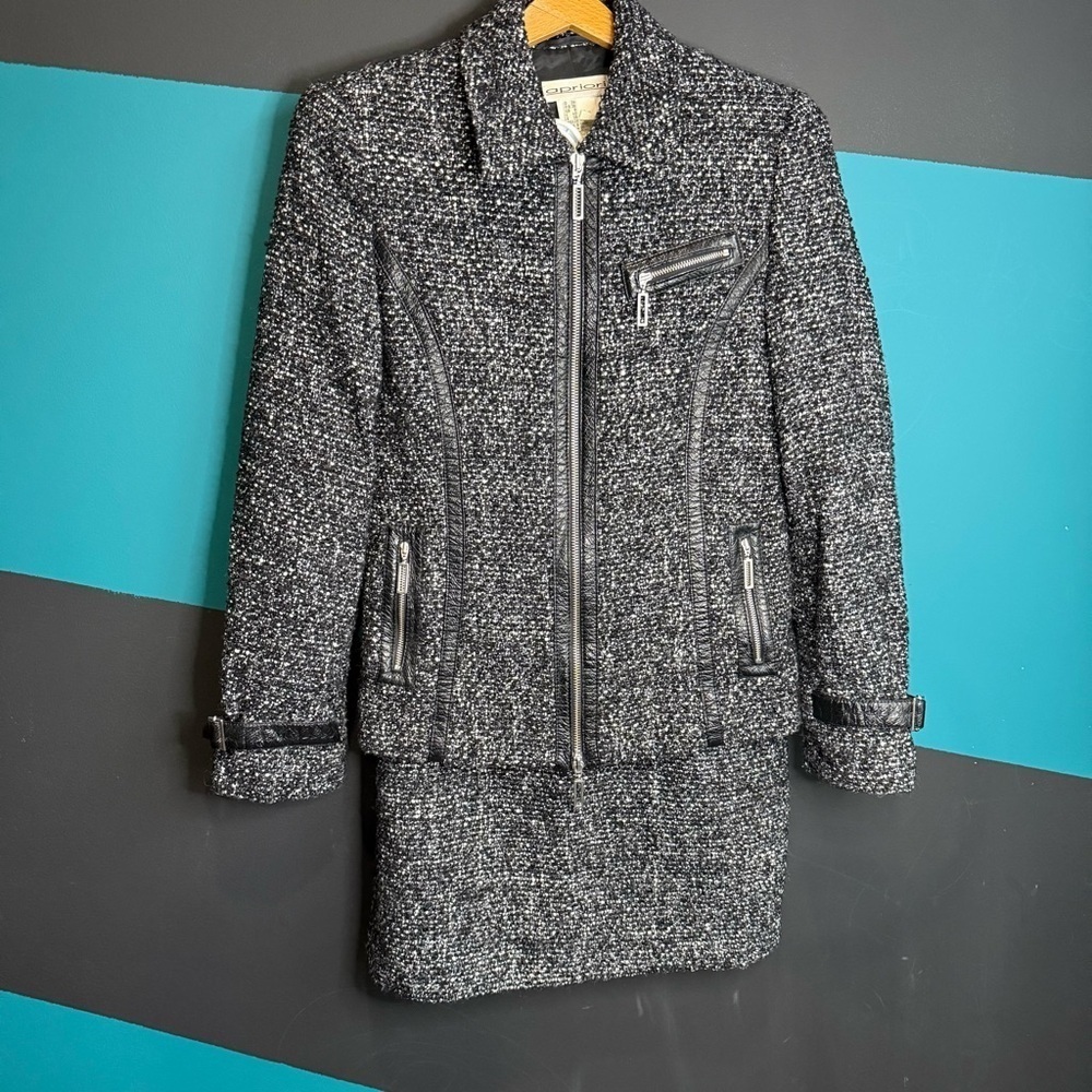 Chic Black and Gray Tweed Jacket and Skirt Set